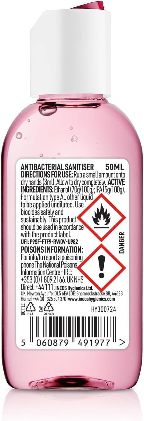 INEOS Mini Antibacterial Hand Sanitiser Gel 50ml - Rhubarb & Tonka - Hospital Grade Disinfectant, Eliminates 99.9% of Viruses and Bacteria, 12 x 50ml, Travel, Holiday, and Festival Essentials