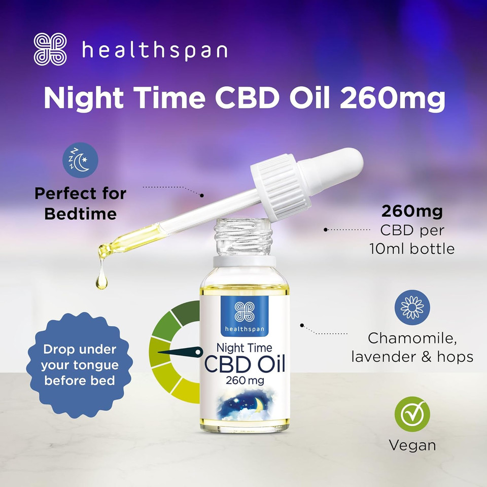 Healthspan 260mg Night Time CBD Oil Drops | with Chamomile, Hops, Lavender and Lemon Balm | Vegan
