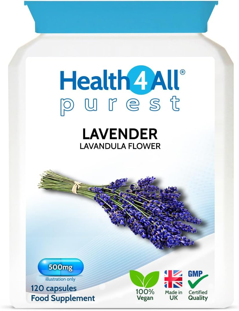 Health4All Lavender 500mg 120 Capsules (not Tablets or Oil) Purest - no additives. Vegan Lavender Capsules for Anxiety, Relaxation and Sleep