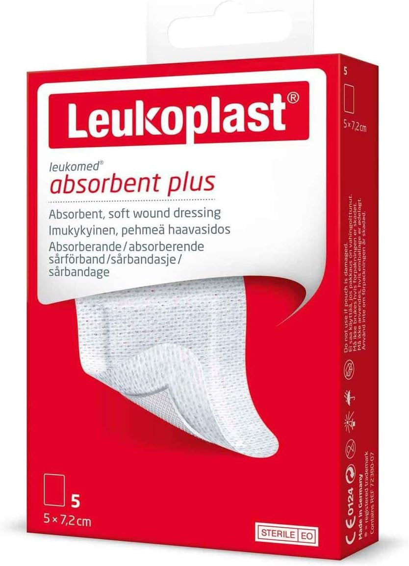 Leukoplast Leukomed Absorbent Plus Dressings - Soft Cushioning Breathable Fabric Wound Plaster for Cuts & Blisters - 5pcs 5cm x 7.2cm (x3 Pack)