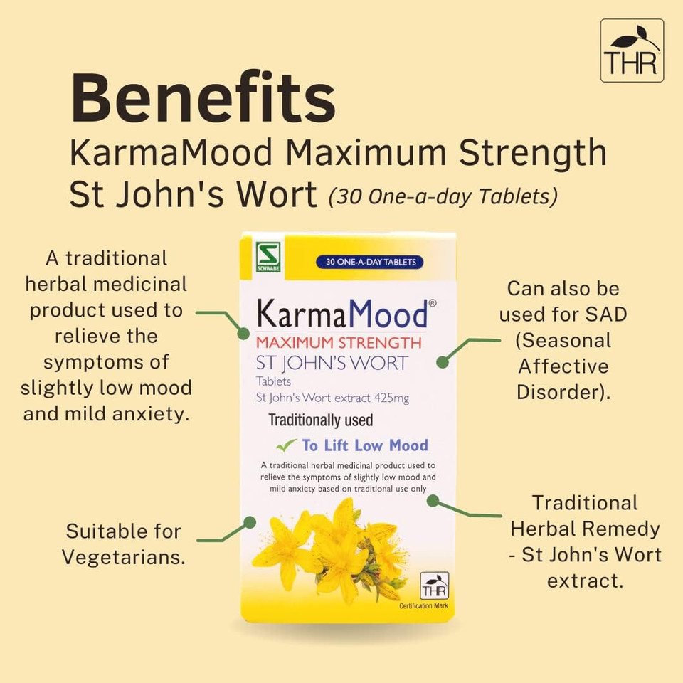 Schwabe KarmaMood Maximum Strength - St John's Wort Extract 425mg - Traditionally Used for Low Mood and Mild Anxiety - Traditional Herbal Medicinal Product - 30 Tablets