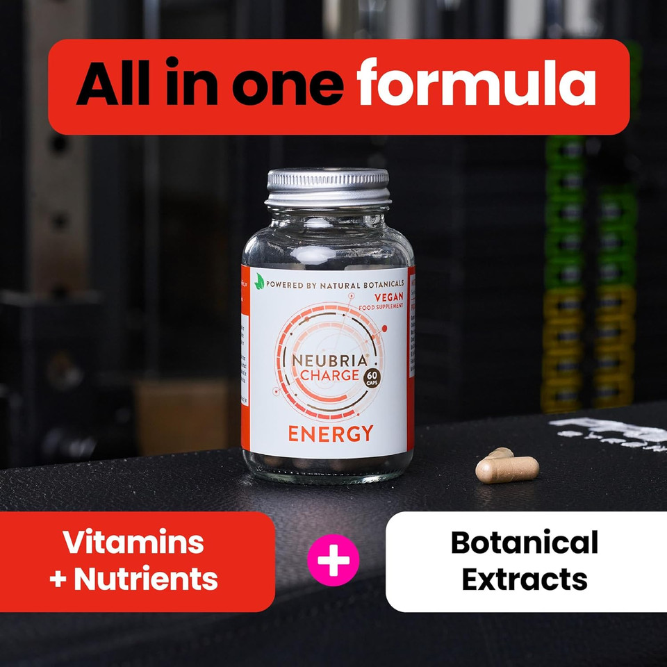 NEUBRIA Charge Energy Supplement  Multivitamin for Adults with Guarana, Ginseng Blend, Green Tea, B Vitamins & L-Theanine  Gym & Workout Formula for Daily Vitality  60 Vegan Capsules