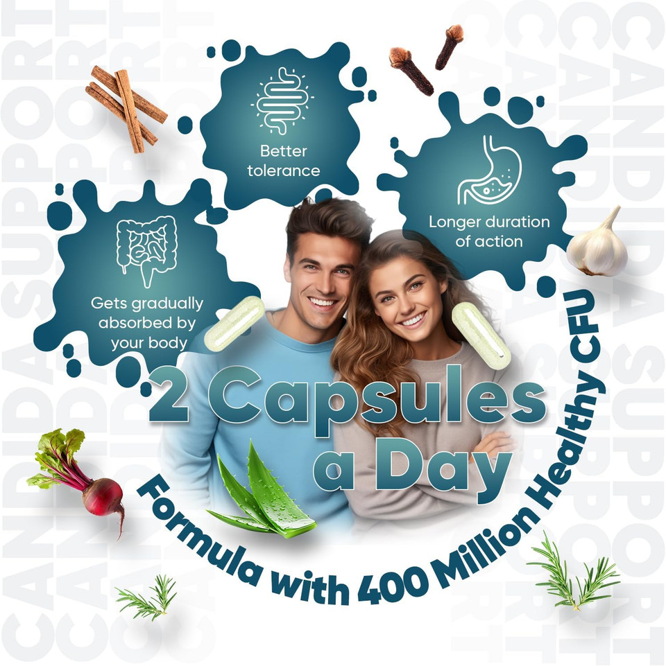Candida Support - 180 Vegan Capsules - 3 Months Supply - For Men & Women - With Aloe Vera, Caprylic Acid, Grape Seed Extract & Rosemary Powder & Probiotics 400 Million CFU - Candida Cleanse Supplement