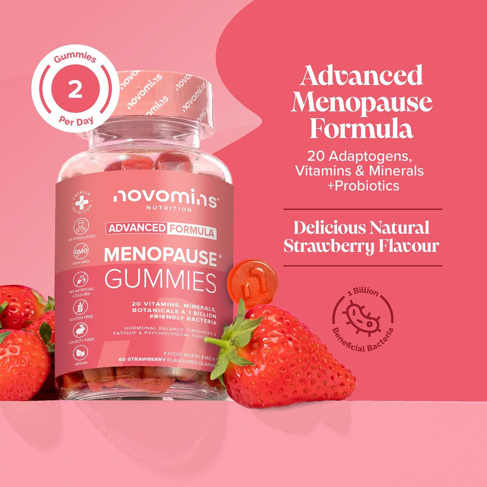 Menopause Gummies - Menopause Supplements with Sage Leaf, Maca Root, Ashwagandha & Probiotics for Women- Hormone Balance for Women - Post & Perimenopause Supplements - Vegan - 60 Gummies - Novomins