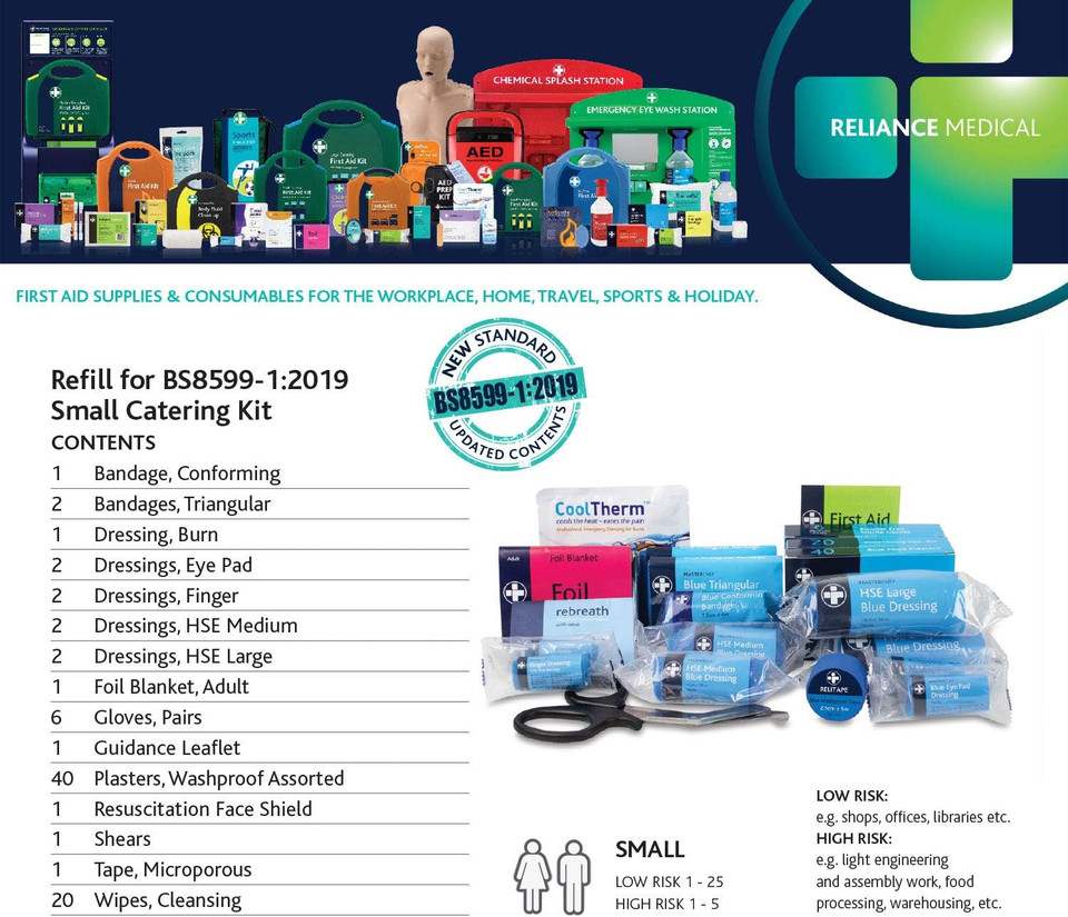 Reliance Medical Small Catering First Aid Kit Refill - Essential Supplies for Workplace, Compliance and Safety, Includes Dressings, Plasters, Workplace Injuries First Aid Supplies Reliance Medical Small Catering First Aid Kit Refill - Essential Supplies for Workplace, Compliance and Safety, Includes Dressings, Plasters, Workplace Injuries First Aid Supplies