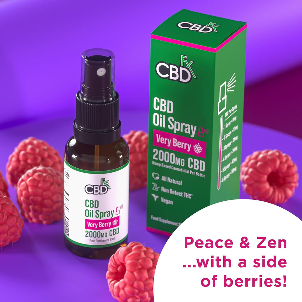 CBDFX 2000mg CBD Spray High Strength Flavoured CBD Oil Very Berry Vegan Non-GMO Blended with MCT Oil Improved Purity No THC 30 ml (40 Days) CBDFX 2000mg CBD Spray High Strength Flavoured CBD Oil Very Berry Vegan Non-GMO Blended with MCT Oil Improved Purity No THC 30 ml (40 Days)