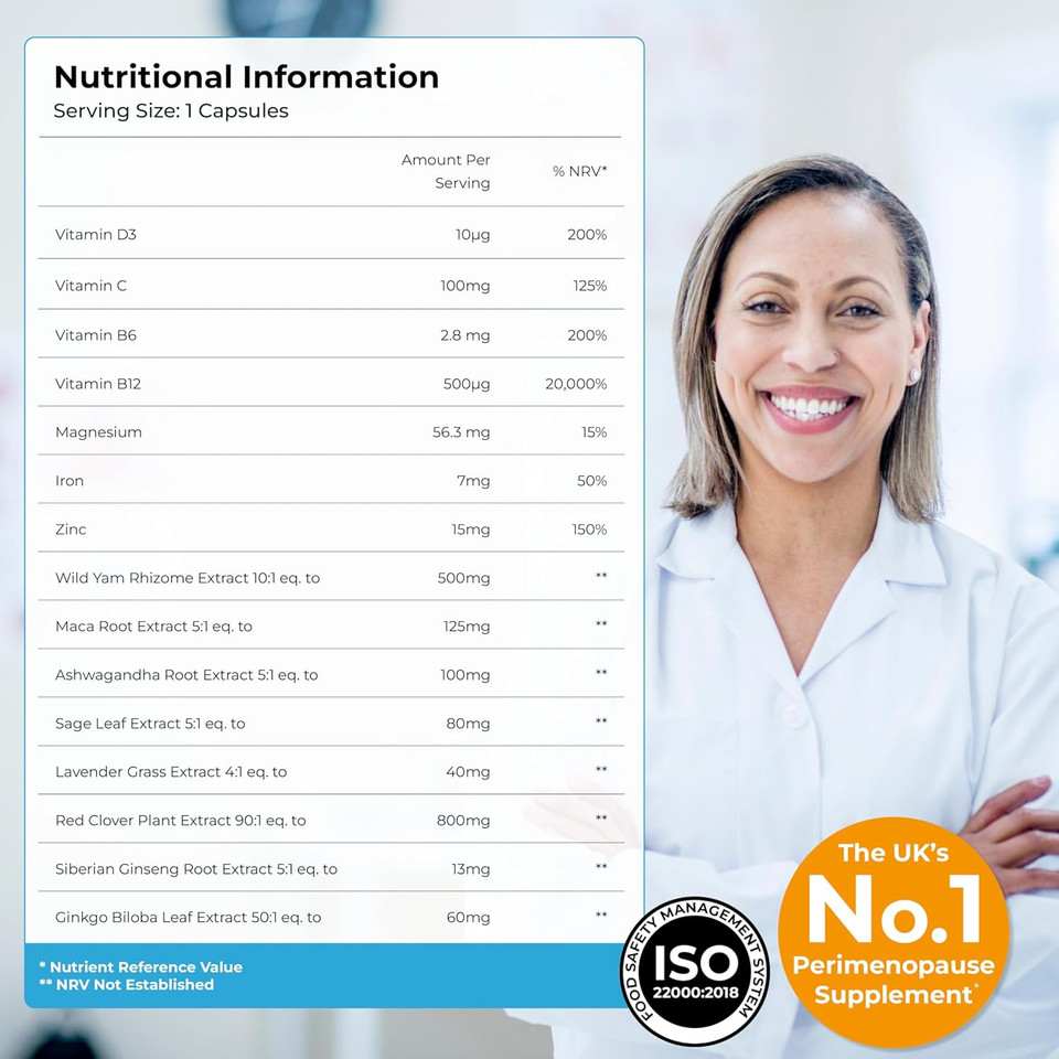 Health & Her Perimenopause Supplements for Women - with Red Clover, Wild Yam Ashwagandha. Wellbeing Support for The Early Stage of Menopause - 1 Month Supply, 60 Capsules - Vegan & Gluten Free