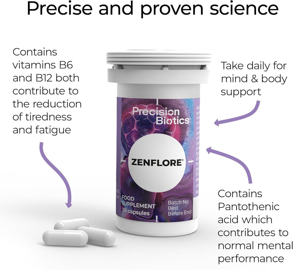 Zenflore by PrecisionBiotics - Probiotics Supplement with Unique Bifidobacterium Longum Bacteria Strain 1714 + Vitamin B6 and B12 - for Mental Performance - 30 Capsules