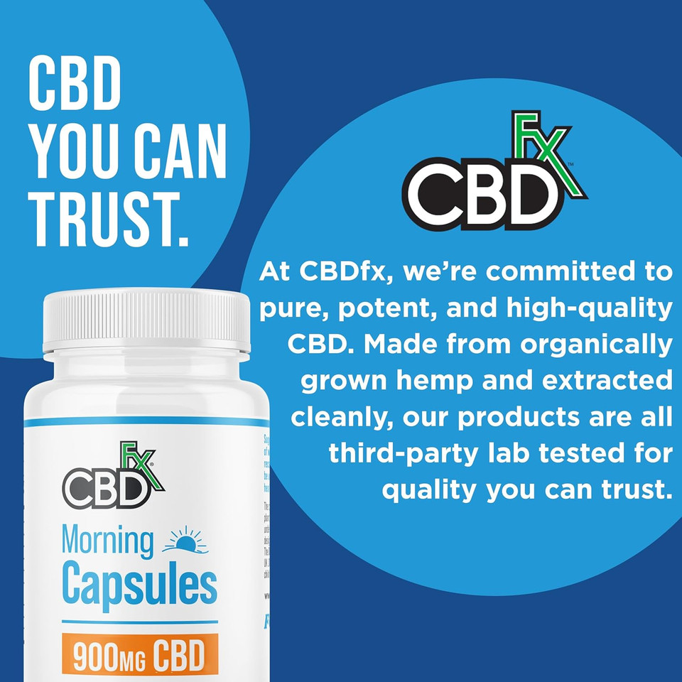 CBDfx 900mg CBD High Strength Morning CBD Capsules with Caffeine, CBG & Unique Terpene Blend, Vegan, Gluten Free, 60 Capsules