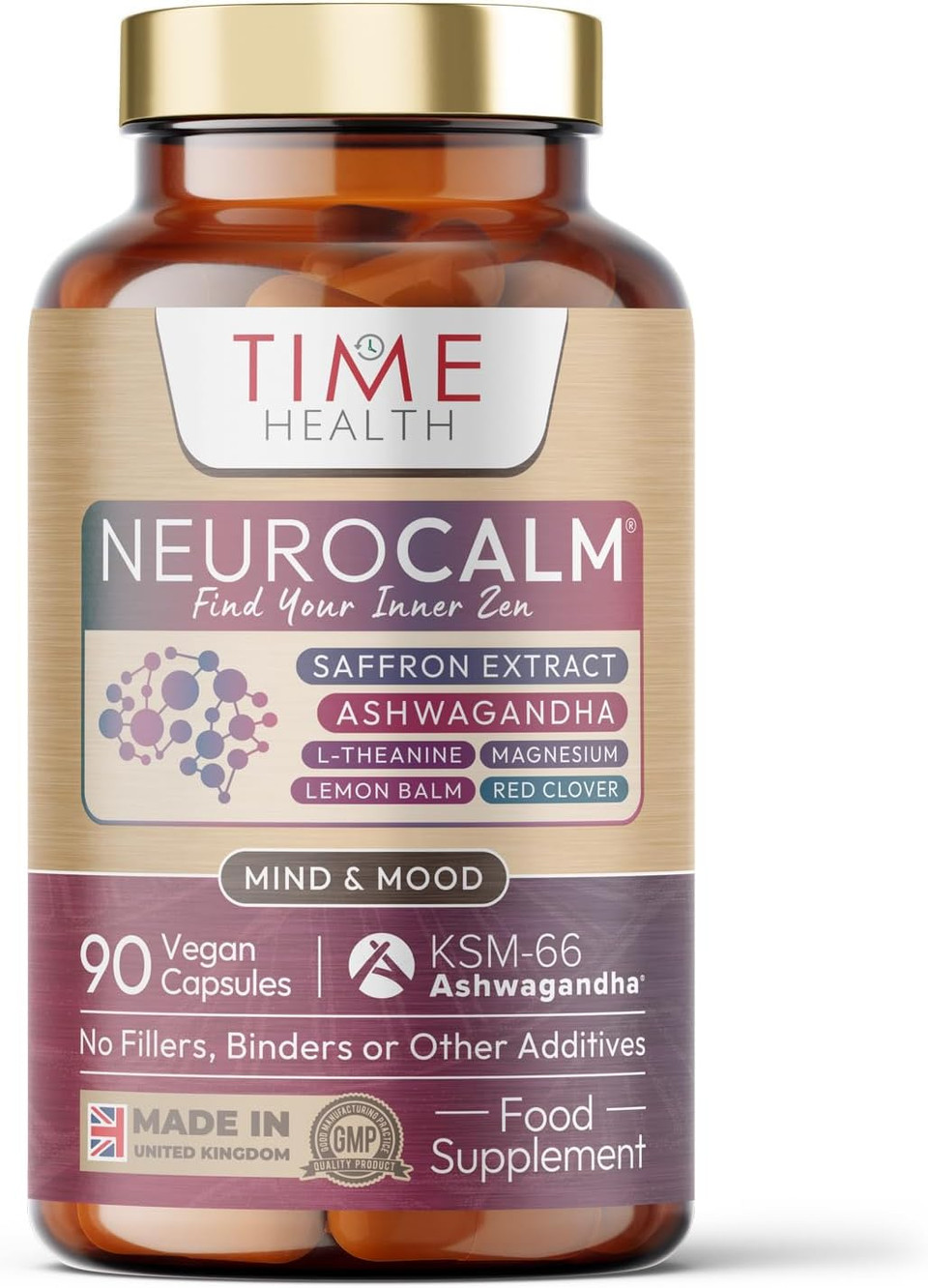 NeuroCalm® Cortisol Reducing Supplement - Saffron, KSM-66 Ashwagandha, L-Theanine, Magnesium, Lemon Balm, Red Clover - Relax & Unwind - 90 Capsules - UK Made  GMP Standards  Zero Additives