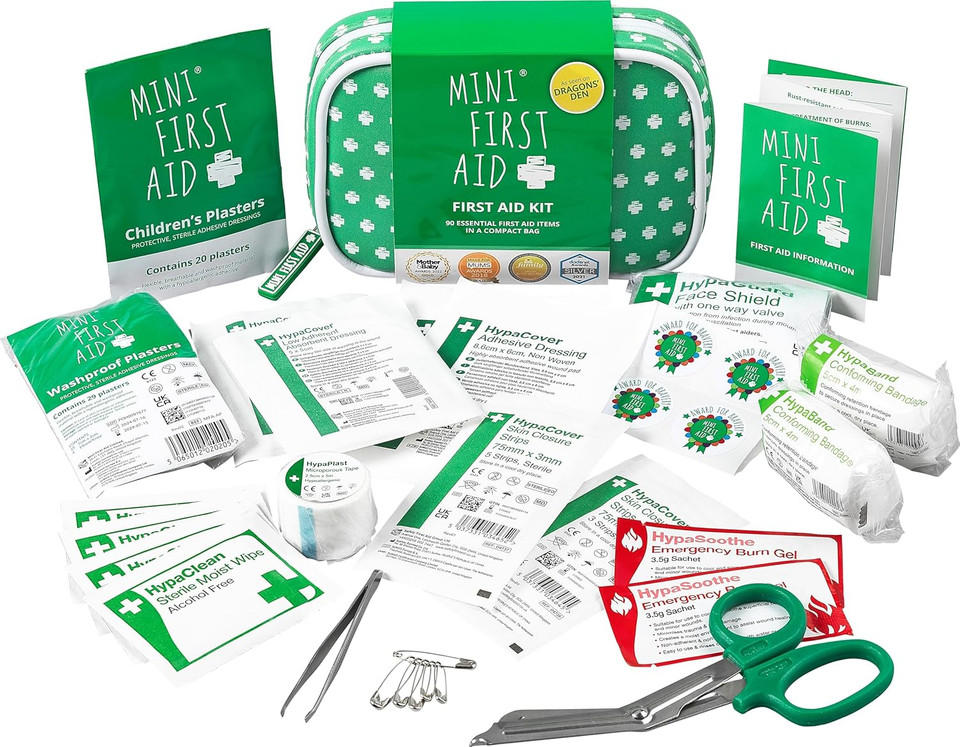 Mini First Aid Super Safety Bundle  Mini First Aid Kit (90 Items) - Hot & Cold Gel Pack, CPR Mask Keyring, Instant Cold Pack 2, & Paediatric First Aid Made Easy Book