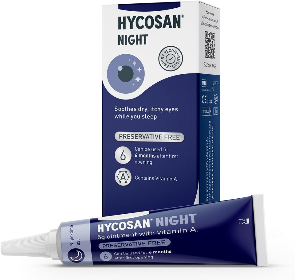 Hycosan Night - Soothing Relief and Protection Against Dry, Tired and Burning Eyes While You Sleep - with Vitamin A and Preservative Free - 300 Applications