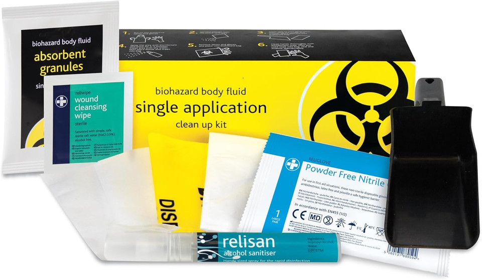Reliance Medical - Biohazard Body Fluid Clean-Up Kit - 2 Single Application Packs- Black/Yellow Wall Mountable Box & LEWIS-PLAST Premium First Aid Kit, 90 Count (Pack of 1)