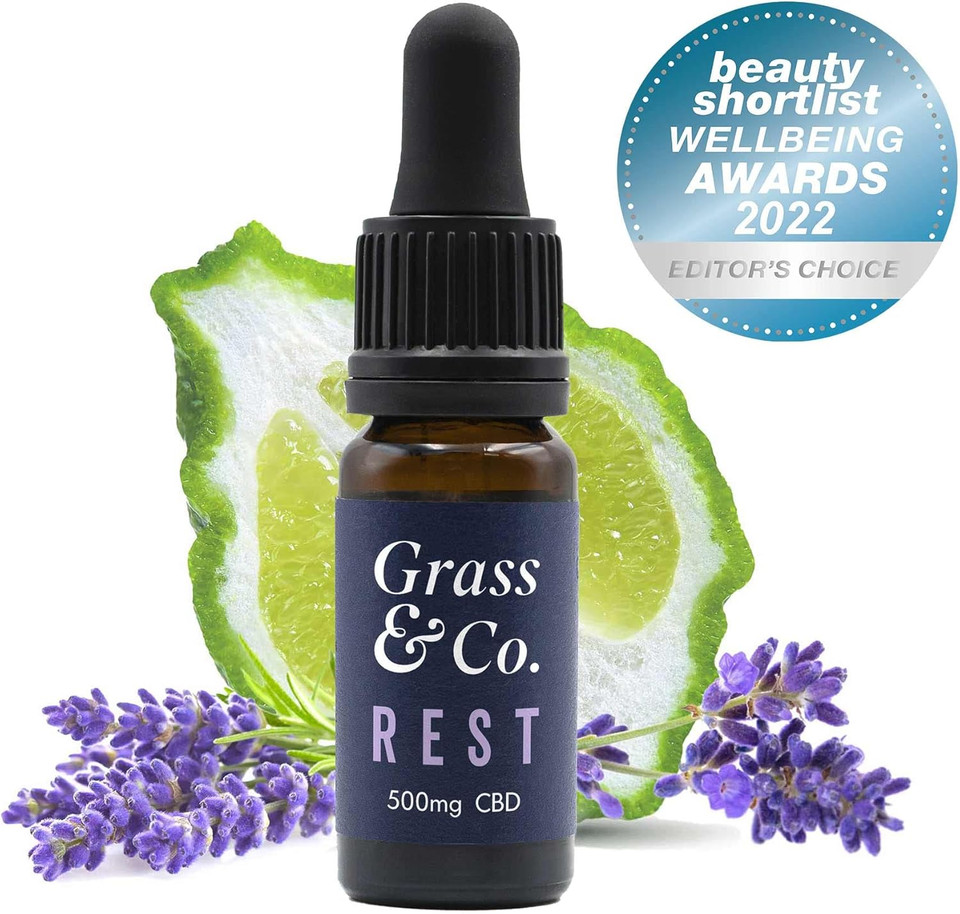 Grass & Co. REST Fast-Acting Night-Time CBD Oil Drops 500mg (5.5%) with a Restful Botanical Blend of CBD, Hops, Lavender, Bergamot & Vitamin B5 to Help Reduce Tiredness & Fatigue 10ml Bottle