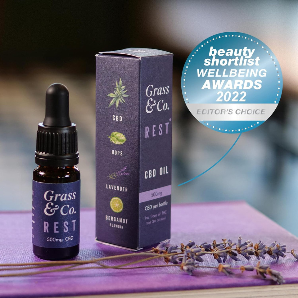 Grass & Co. REST Fast-Acting Night-Time CBD Oil Drops 500mg (5.5%) with a Restful Botanical Blend of CBD, Hops, Lavender, Bergamot & Vitamin B5 to Help Reduce Tiredness & Fatigue 10ml Bottle