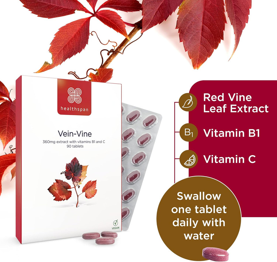 Healthspan Vein Vine Leg Vein Support 360mg (90 Tablets) | for Tired & Heavy Legs | Maintains Healthy Leg-Vein Functions | Red Vine Leaf Extract | Added Vitamins B1 & C | Vegan