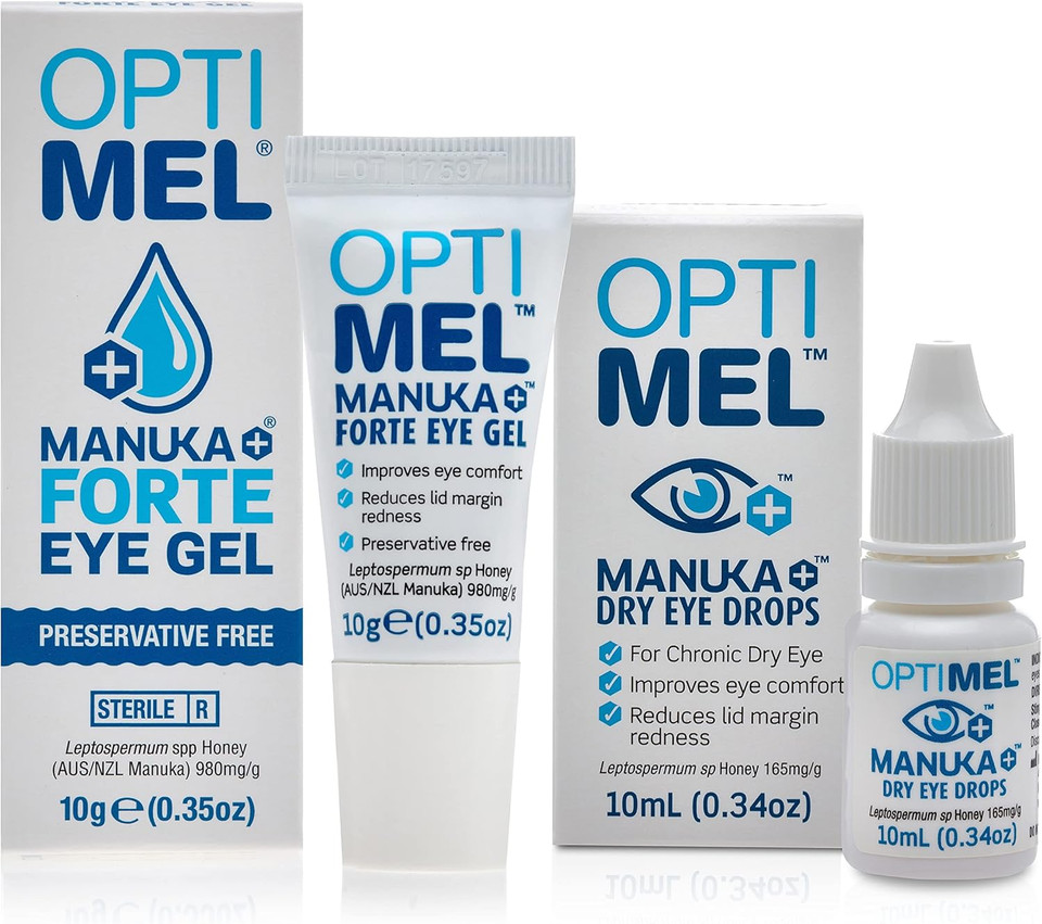Optimel Manuka Honey Eye Drops & Eyelid Gel Pack - Dry Eye Treatment & Relief - Blepharitis, Corneal, White