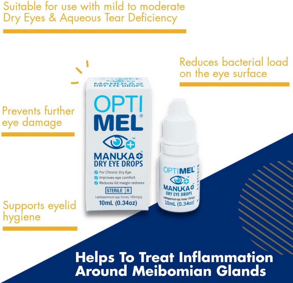 Optimel Manuka Honey Eye Drops & Eyelid Gel Pack - Dry Eye Treatment & Relief - Blepharitis, Corneal, White