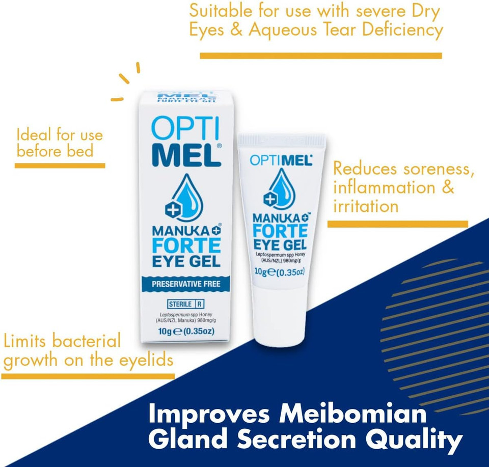 Optimel Manuka Honey Eye Drops & Eyelid Gel Pack - Dry Eye Treatment & Relief - Blepharitis, Corneal, White