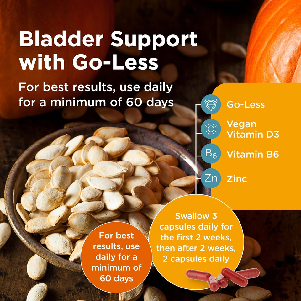 Healthspan Bladder Support with Go-Less® | for Good Bladder Health & Urinary Flow | 300mg Go-Less® | Pumpkin Seed Extract & Soy Germ Extracts | Added Vitamin B6, D3 & Zinc | Vegan (120 Capsules)