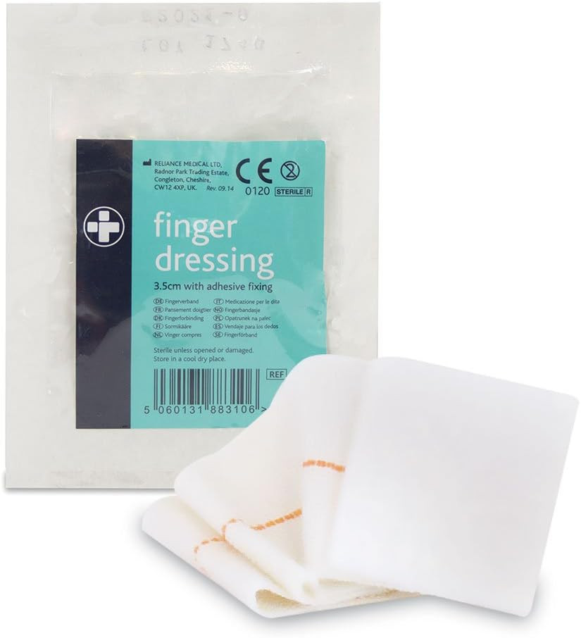 Reliance Medical Small Finger Dressing with Adhesive Fixing, Peelable Tab, Sticky Patch, Stretch Bandage and Adhesive Strip Tab, 3.5 cm, Full-Length Protection, (10 Pieces)