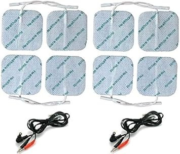 Tens Electrode Pads (8pcs) 5x5 cm Square Self-Adhesive Electrodes and Required Connection Leads Compatible with Tenscare, Neurotrac, Auvon, Elle Tens Machines