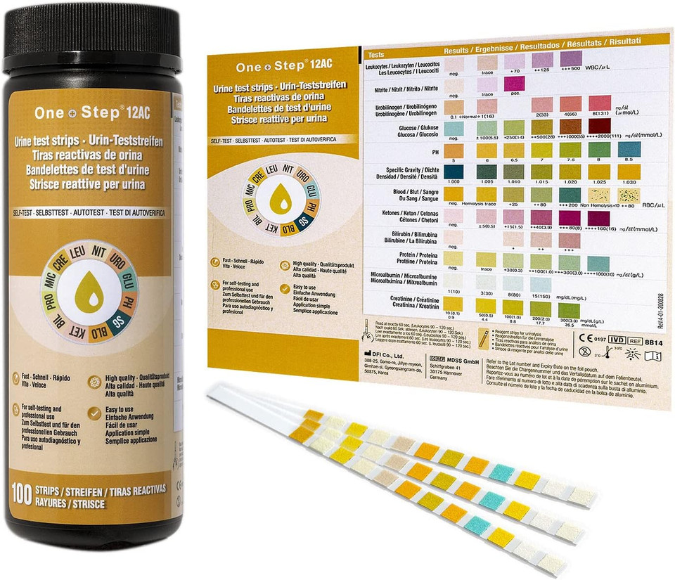 12 Parameter Urine Test Strips Creatinine, Microalbuim, UTI Infection, Ketone, Blood, Glucose Testing Sticks (100 Tests 1 Tub)