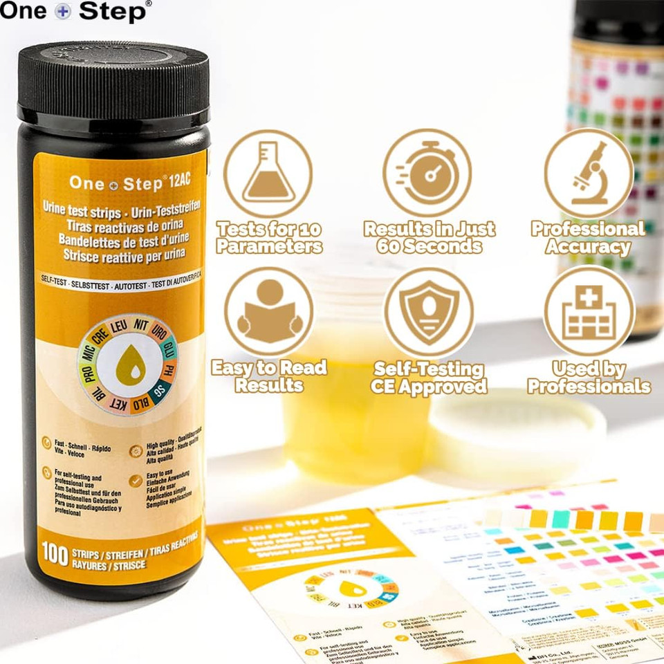 12 Parameter Urine Test Strips Creatinine, Microalbuim, UTI Infection, Ketone, Blood, Glucose Testing Sticks (100 Tests 1 Tub)