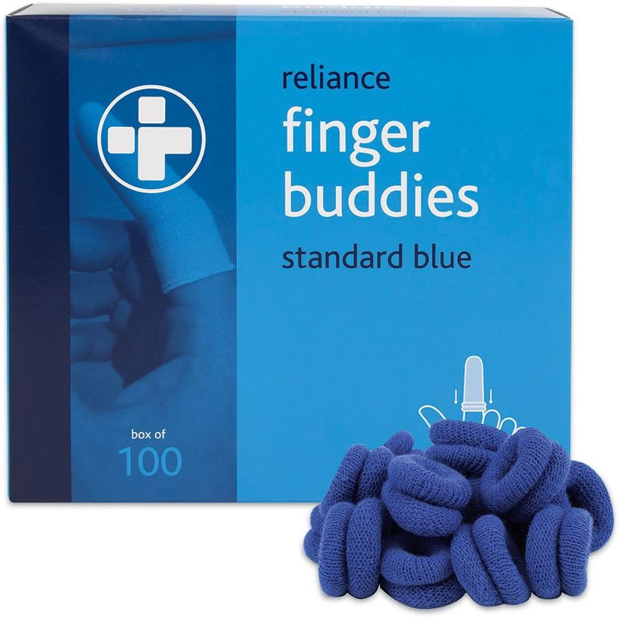Reliance Medical Finger Buddies Bandage Box - Stainless Steel Accessory for Elasticated Bandage, Ideal for Kitchen and Food Environments, Blue (Pack of 100)