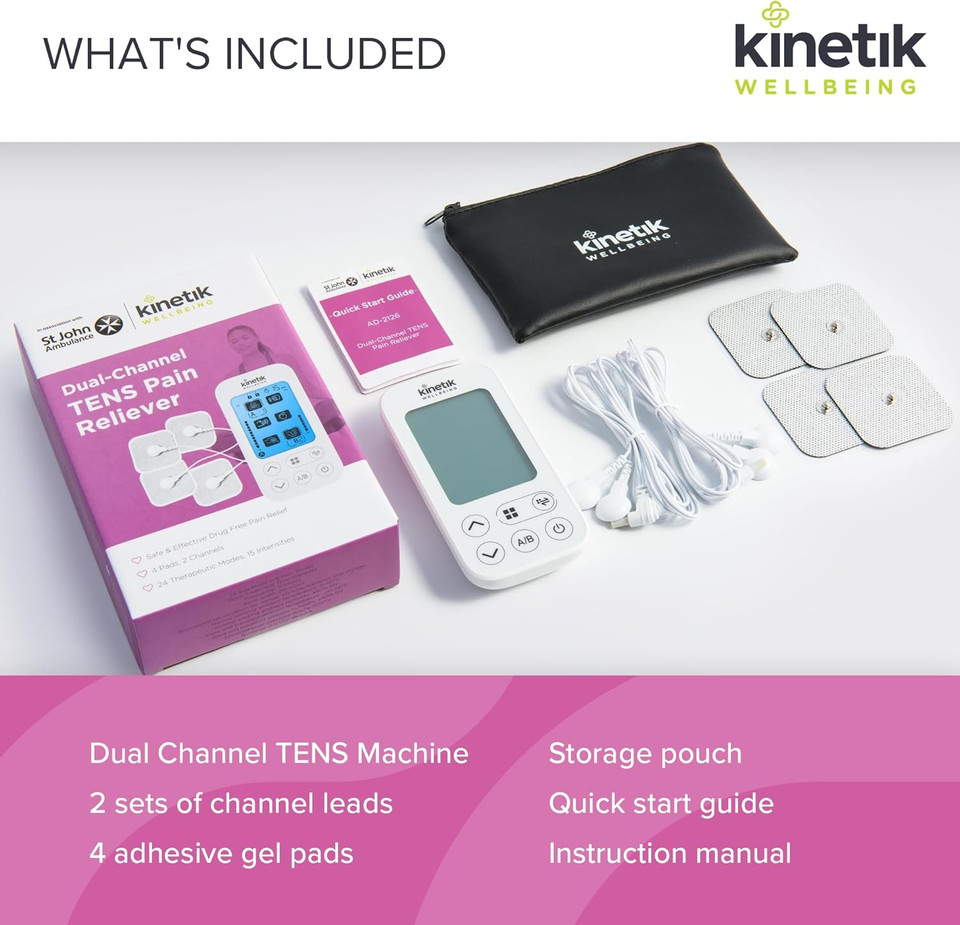 Kinetik Wellbeing Dual-Channel TENS Machine for Pain Relief - Muscle Stimulator Machine for Men, Women, 15 Intensities, 24 Modes - Safe for Pregnancy & Sciatica - in Association with St John Ambulance