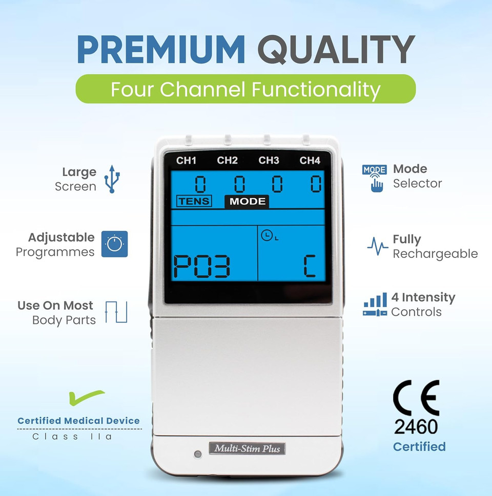 Med-Fit 4 Channel Rechargeable TENS, EMS & Multi-Stim. Adjustable Manual Mode with 24 pre-Set programmes of TENS, Muscle Stimulation Certified Medical Device. Supplied with 28 self-Adhesive Pads