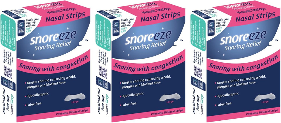 Snoreeze Anti-Snoring Nasal Strips - Snoring Aids for Men and Women to Improve Airflow - Nose Strips to Reduce Snoring with Nasal Congestion - Use with Mobile App - Large, Triple Pack- 60 Count