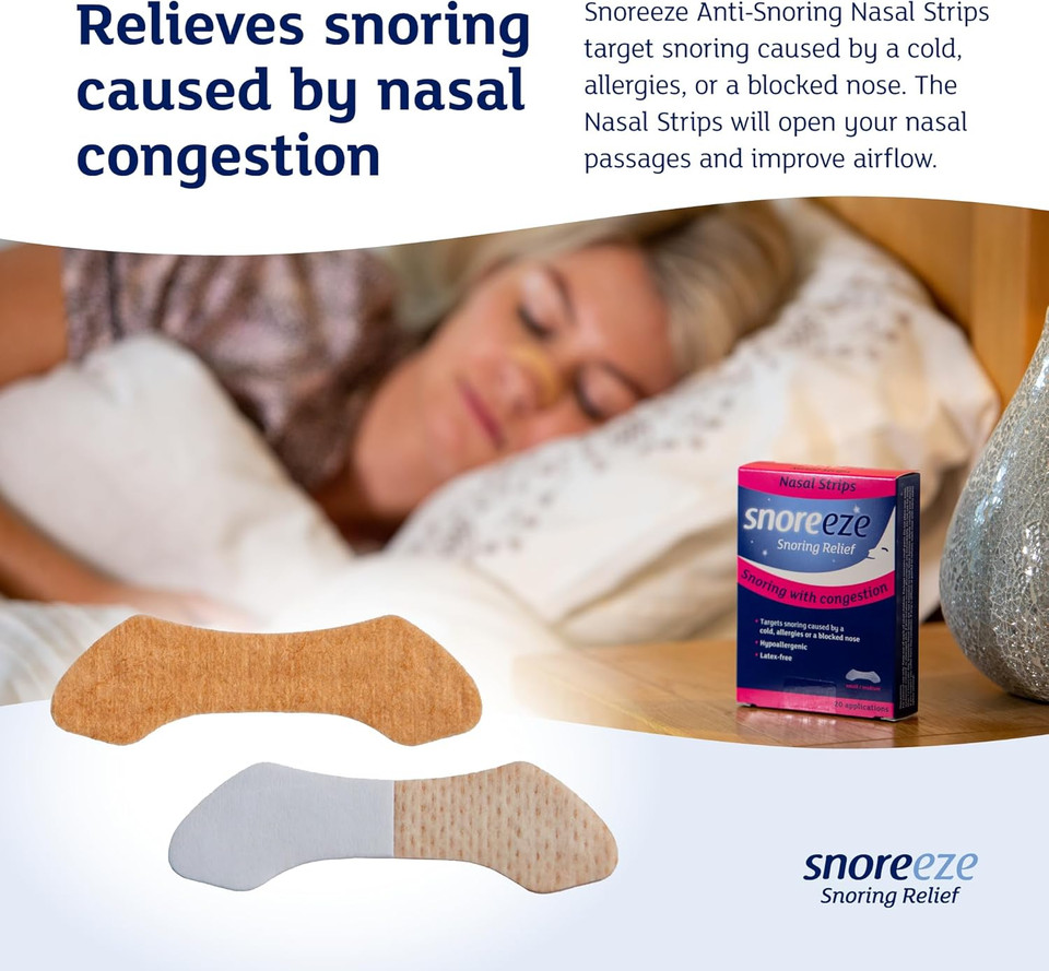 Snoreeze Anti-Snoring Nasal Strips - Snoring Aids for Men and Women to Improve Airflow - Nose Strips to Reduce Snoring with Nasal Congestion - Use with Mobile App - Large, Triple Pack- 60 Count
