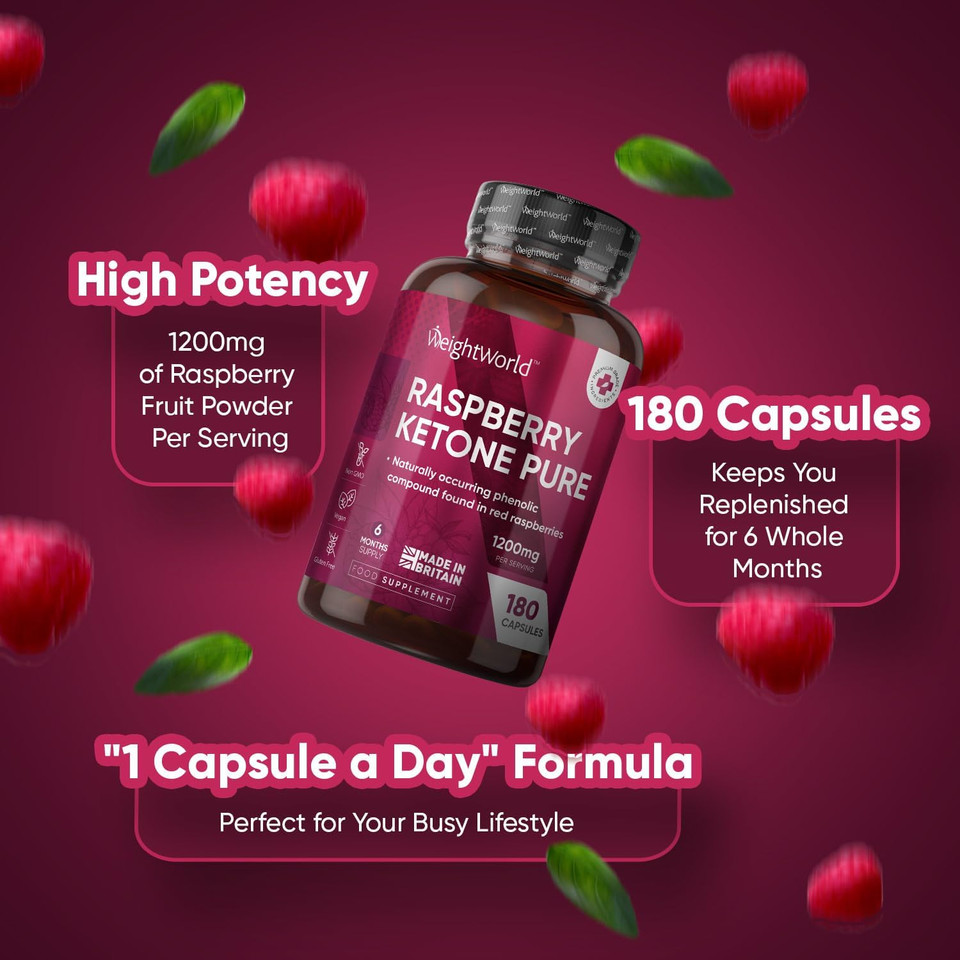 Pure Raspberry Ketones - 180 Capsules - 1200mg High Strength - 6 Months Supply - Vegan Raspberry Ketone Capsules for Men & Women - Suits Low Carb & Keto Diet - Feel Fuller & Lighter - Made in The UK