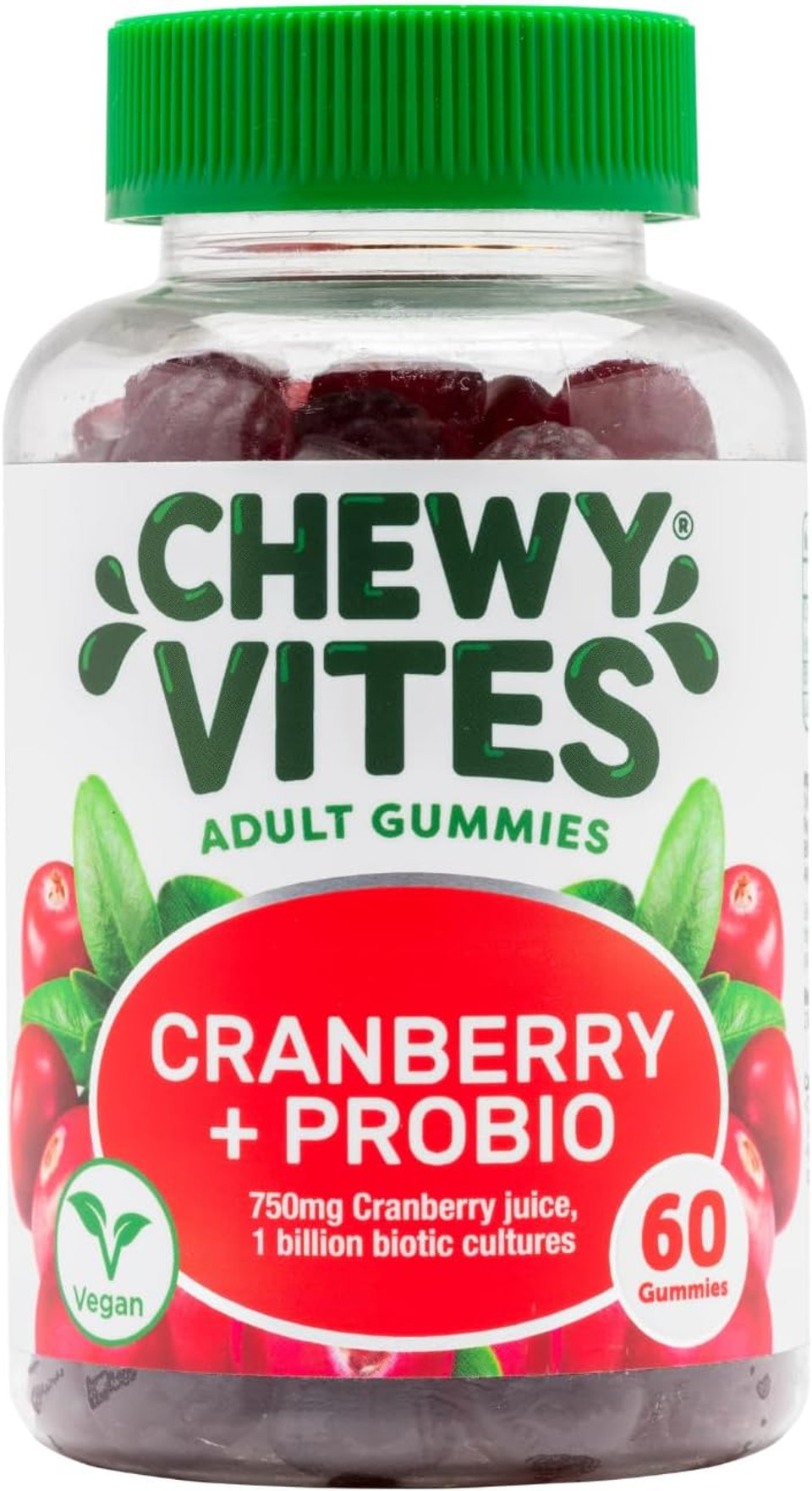 Chewy Vites Adult Cranberry Probio, 60 Women's Probiotics Gummies, 1 Billion Biotic Cultures, Cranberry Juice, Vitamin C, 1 Month Supply, Vegan, Real Fruit Juice