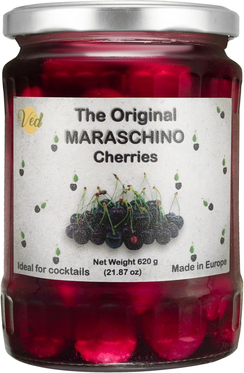 Ved Gourmet Original Maraschino Cherries - Italian Cherry for Old-Fashioned Cocktails - Vegan Cocktail, Bourbon Cherries in Natural Syrup for Cocktail Garnish - 620gJar