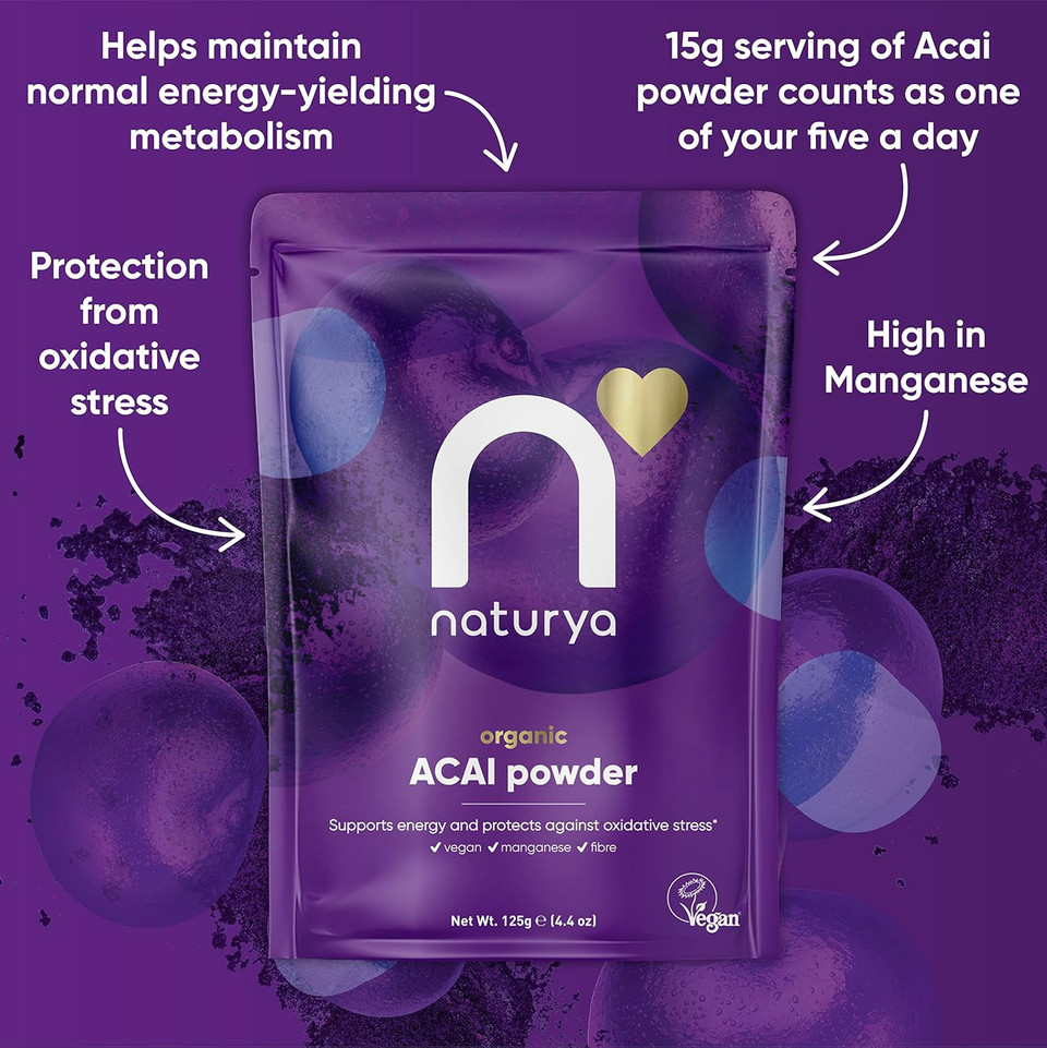 Naturya Organic Açaí Powder - Wild-Harvested from Amazonian Açaí Palms, Rich in Manganese & Vitamin A, High in Fibre, Antioxidant Superfood, Gluten-Free, Vegan - 125g Pouch