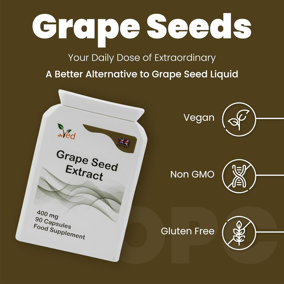 Ved OPC Grape Seed Extract Capsules, Min. 95% Oligomeric Proanthocyanidins,400 mg 90 Vegan Capsule (3 Months Supply)