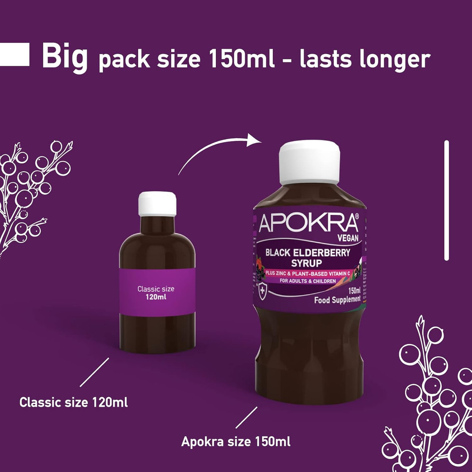 Elderberry Syrup, Acerola Cherry Vitamin C and Zinc for Adults & Kids | Immune System Booster | Natural Strawberry Flavour | Vegan | Plant Based VIT C | APOKRA