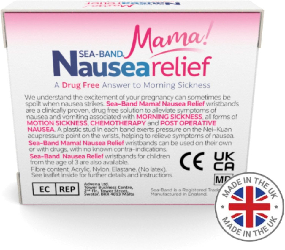 Sea-Band Mama! Travel & Motion Sickness, Nausea and Morning Sickness Relief Acupressure Wristbands (Black), 1 Pair