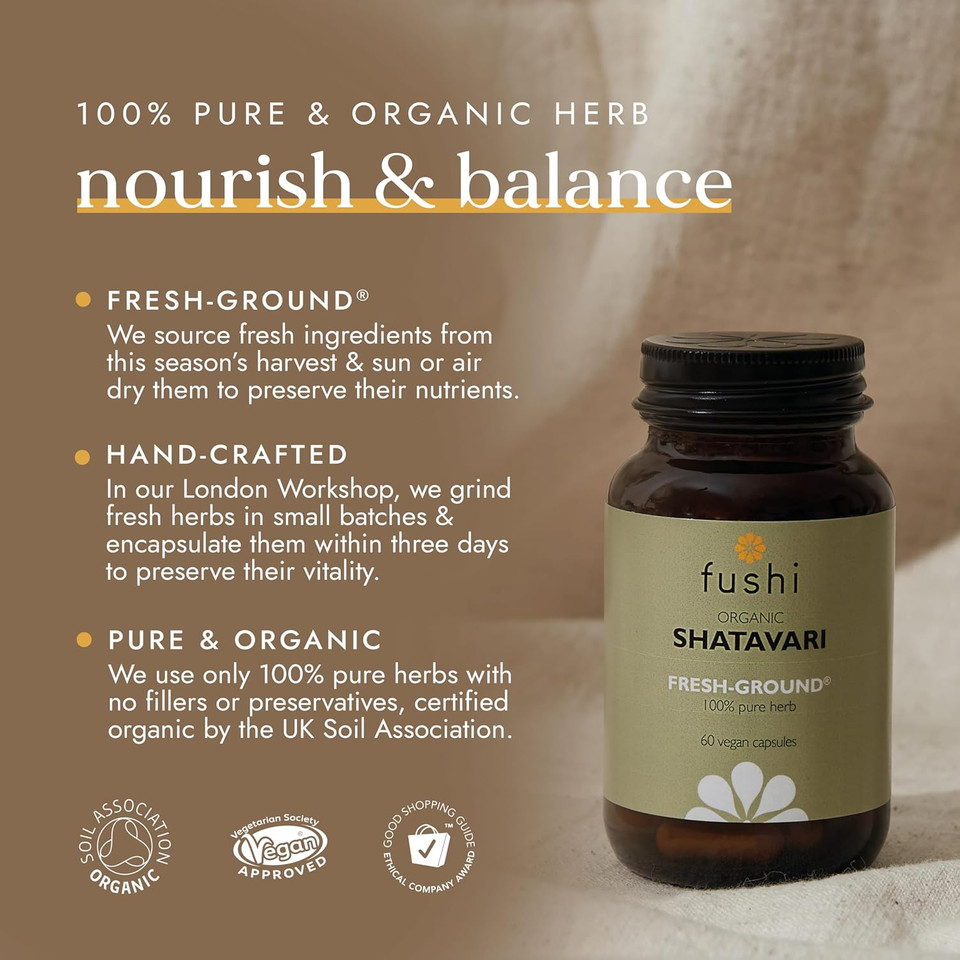 Fushi Shatavari Organic Herbal Supplement 60 Caps | Fresh-Ground Wholefood | Female Balance | Womens Health Supplement | Ethical & Vegan