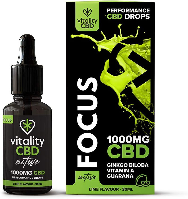 Vitality CBD Active Focus Drops with Ginkgo Biloba, Vitamin A, Guarana, 1000mg of CBD, 30ml, Lime Flavour, NO THC