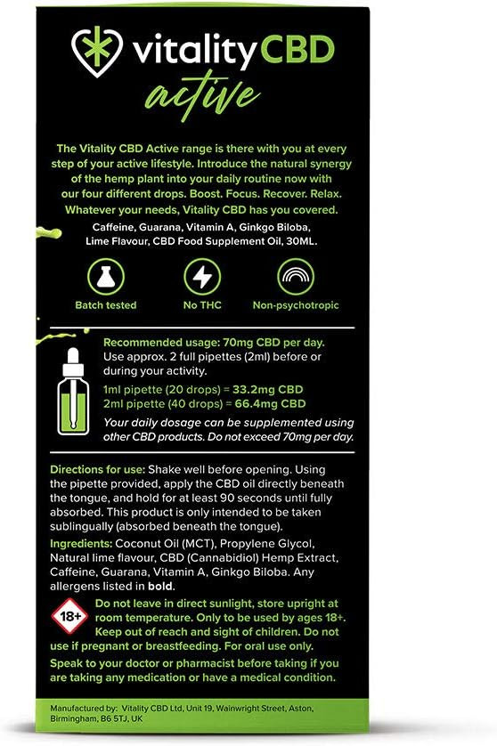 Vitality CBD Active Focus Drops with Ginkgo Biloba, Vitamin A, Guarana, 1000mg of CBD, 30ml, Lime Flavour, NO THC