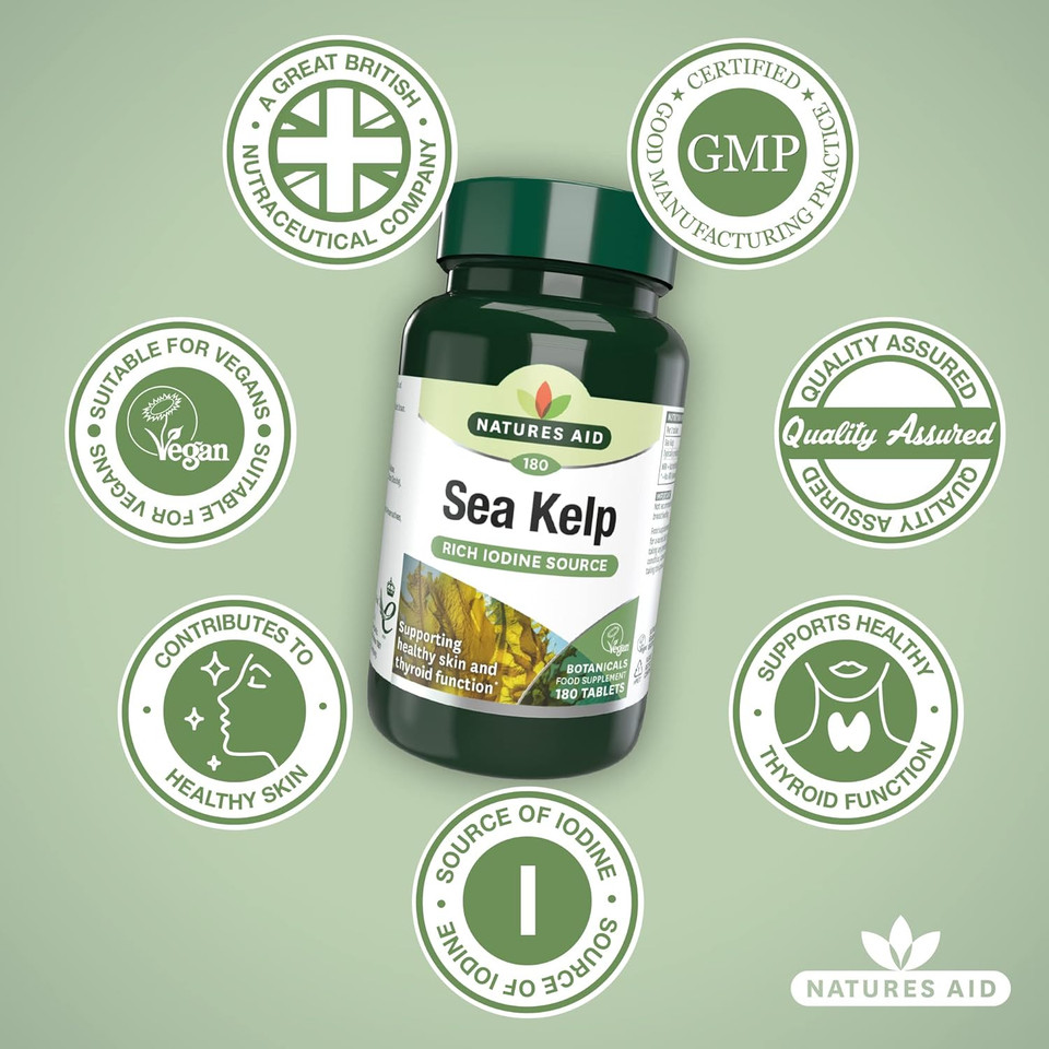 Natures Aid Sea Kelp 187mg  180 Vegan Tablets  High Strength Iodine Supplement  Supports Thyroid Function & Skin  With Calcium  Gluten Free  Natural Source  No Artificial Additives