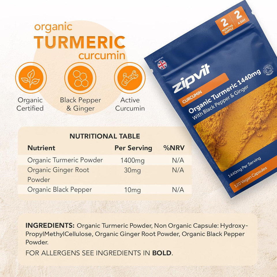 Zipvit Organic Turmeric Curcumin 1440mg with Organic Black Pepper and Ginger Root, 120 Vegan Capsules, 2-Month Supply, Soil Association Certified, High Strength Turmeric Supplement