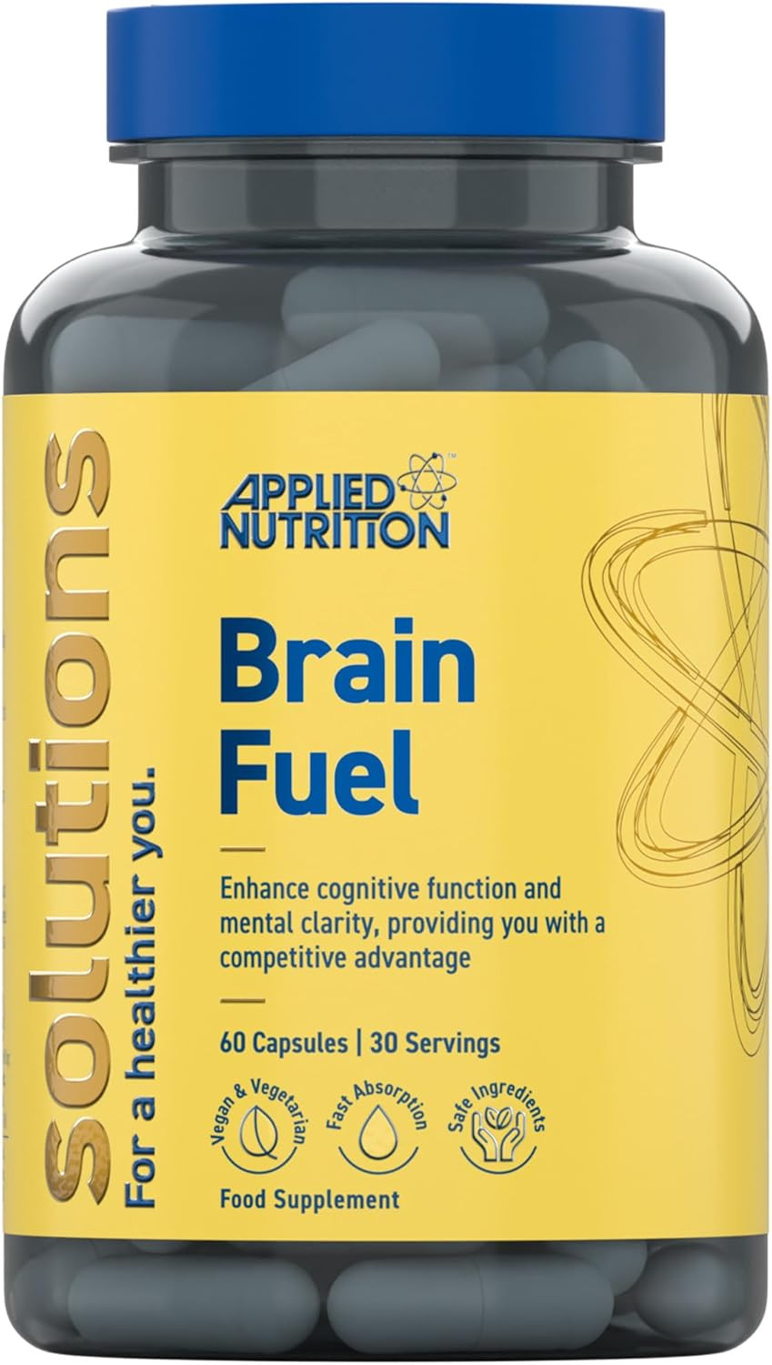 Applied Nutrition - Solutions - Brain Fuel - Capsules with Nootropics, Vitamins, & Panax Ginseng - Best Focus Booster - Enhances Mental Performance - (60 Capsules  30 Servings)