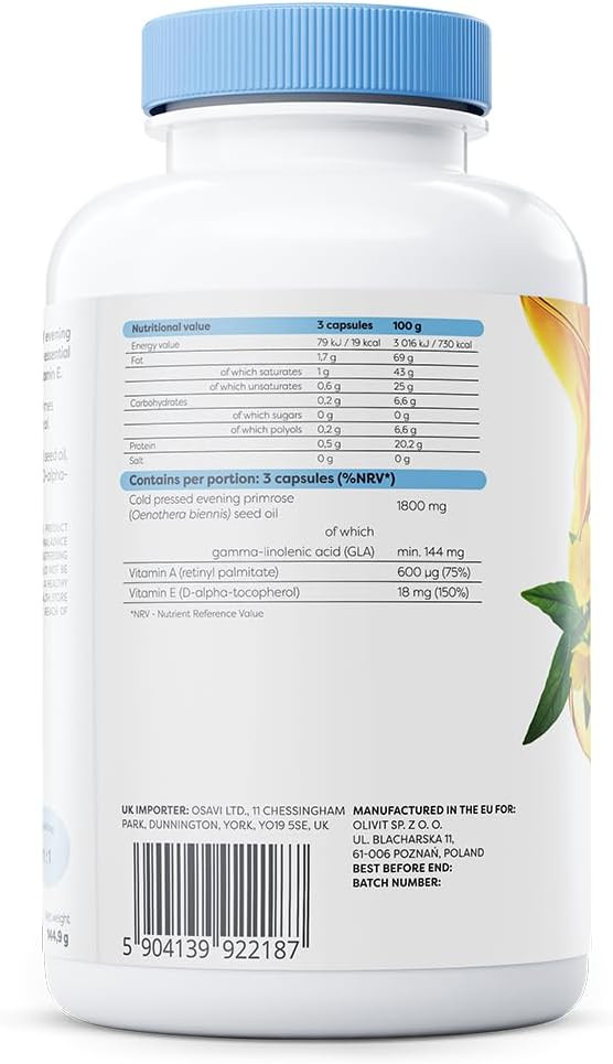 Osavi Primrose Oil 1800 mg with Vitamin A & E  60 Softgels | ColdPressed Evening Primrose Oil with GLA, Enriched with Vitamin A & E | Supports Skin Health & Cell Protection