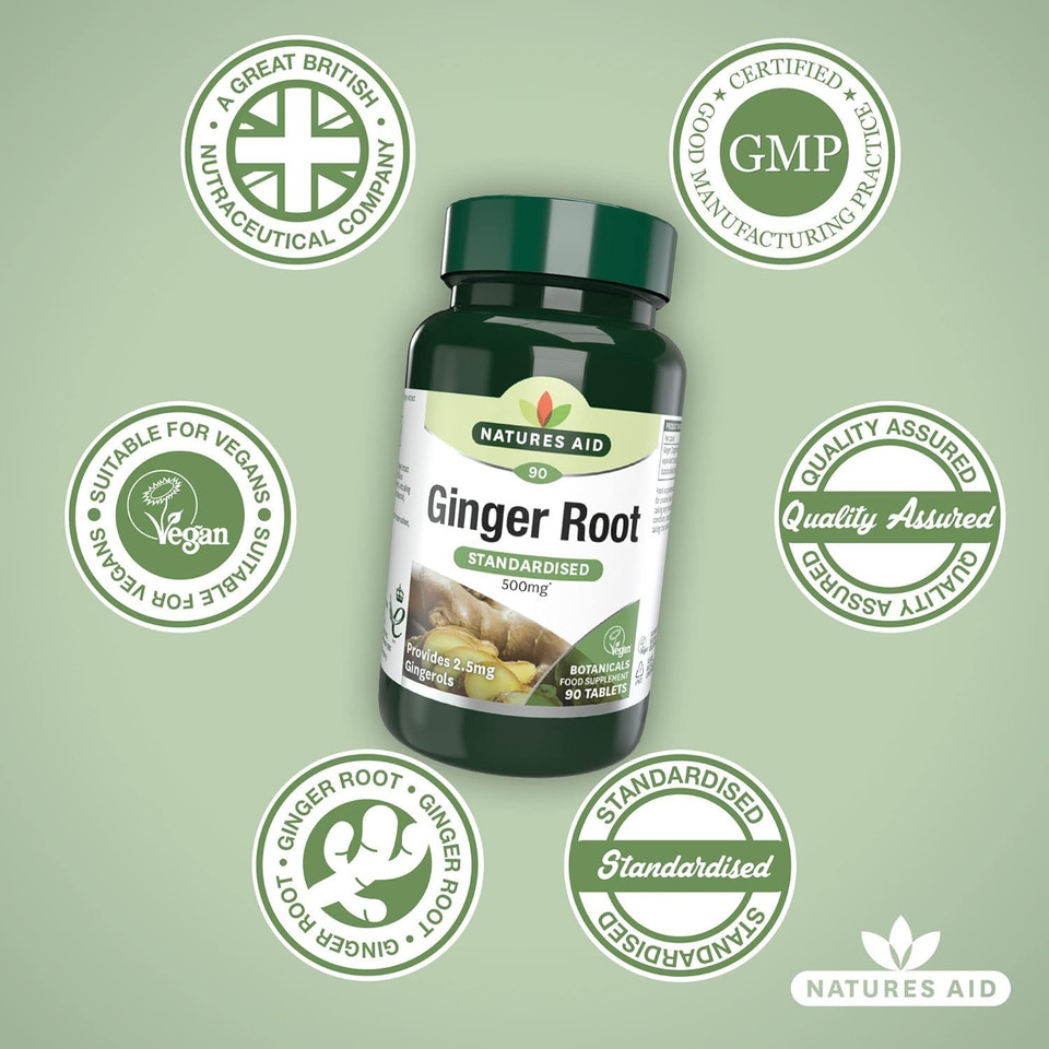 Natures Aid Ginger Root 500mg - Supports Digestion, Sickness, Nausea, Joint and Wellbeing - Botanical Supplement, Provides Gingerols and Shogaols - Vegan, Non-GMO, Gluten-Free - 90 Tablets Natures Aid Ginger Root 500mg - Supports Digestion, Sickness, Nausea, Joint and Wellbeing - Botanical Supplement, Provides Gingerols and Shogaols - Vegan, Non-GMO, Gluten-Free - 90 Tablets
