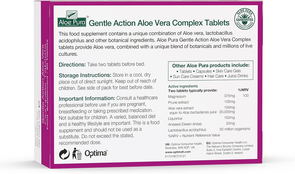 Aloe Pura Aloe Vera Gentle Action Complex Tablets, Natural, Vegetarian, Cruelty Free, Food Supplement, Botanical Blend, 60 Tablets