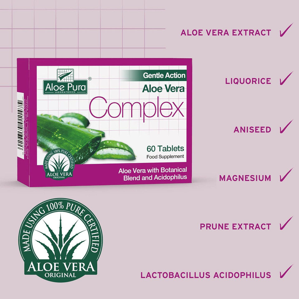 Aloe Pura Aloe Vera Gentle Action Complex Tablets, Natural, Vegetarian, Cruelty Free, Food Supplement, Botanical Blend, 60 Tablets